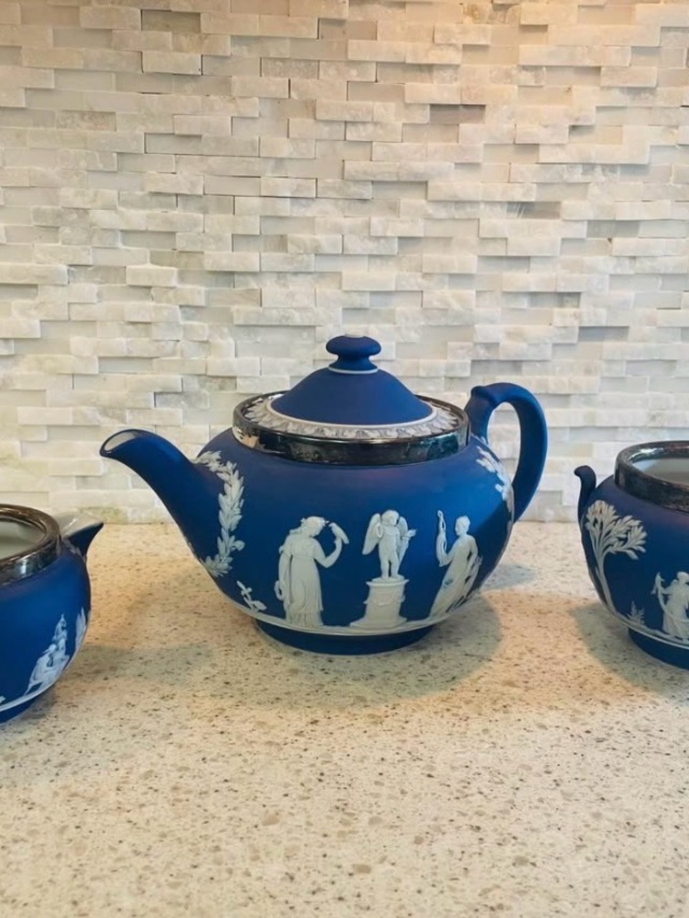 Tea Set Rare 3 pc. Cobalt Blue Wedgwood Jasperware w/ Silver Rimming 1920’s